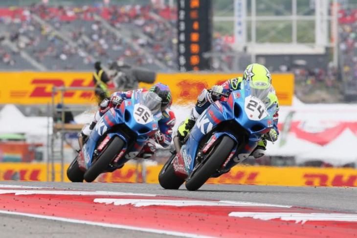 Spaniard Toni Elias did the double in the MotoAmerica Superbike Championship of Texas at COTA, beating his Yoshimura Suzuki teammate Roger Hayden to the flag on Sunday. The pair were this close for most of the race. Photography by Brian J. Nelson.