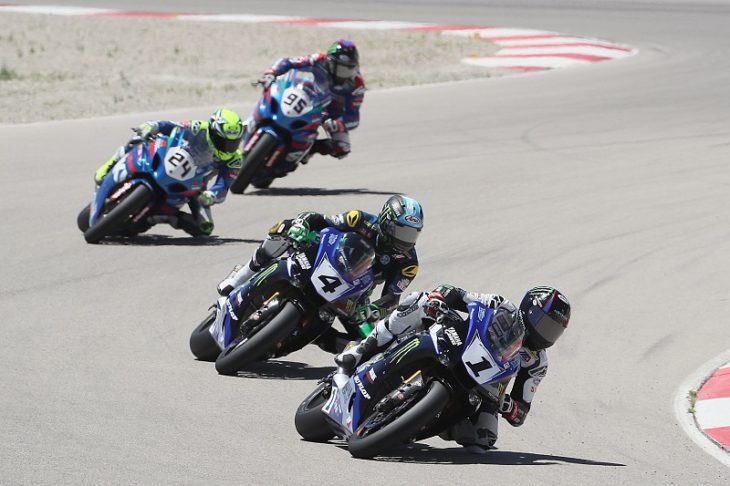 Cameron Beaubier (1) won his seventh race of the season in the first of two Superbike races at Utah Motorsports Campus on Saturday. Beaubier beat teammate Josh Hayes (1) in race one. Photography by Brian J. Nelson. 